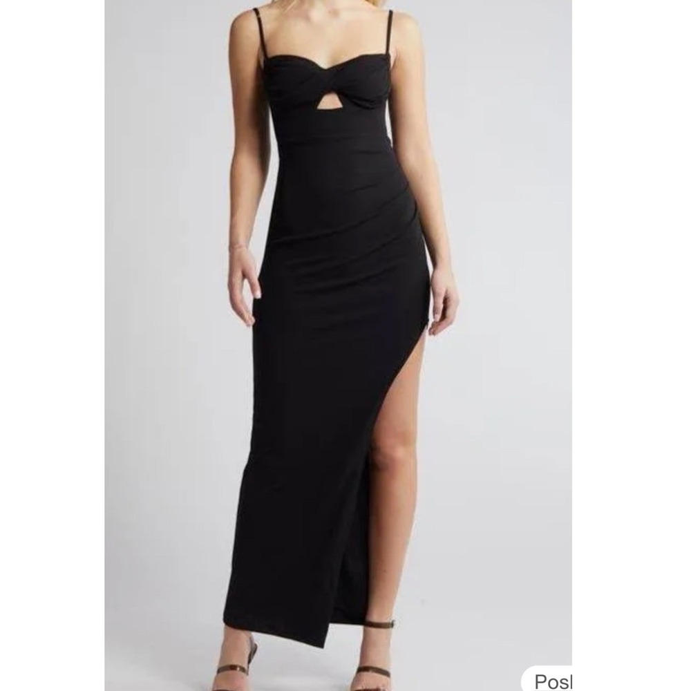 Lulus Going for the wow dress Black Cutout High Slit Spaghetti Strap Formal